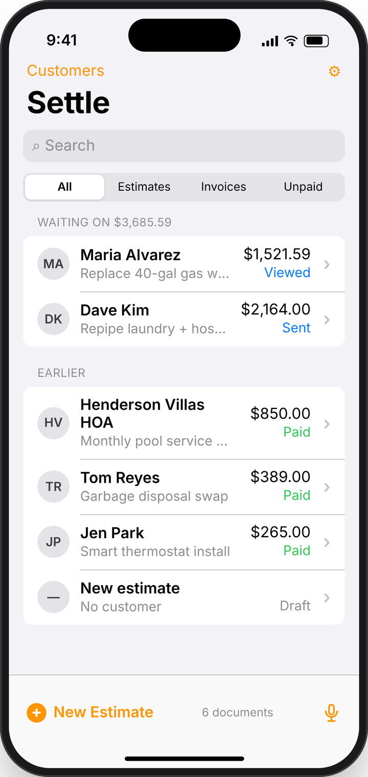 Settle on an iPhone: the job list with Maria Alvarez's $1,521.59 water heater invoice marked Viewed, two paid jobs, and the New Estimate button in the toolbar.